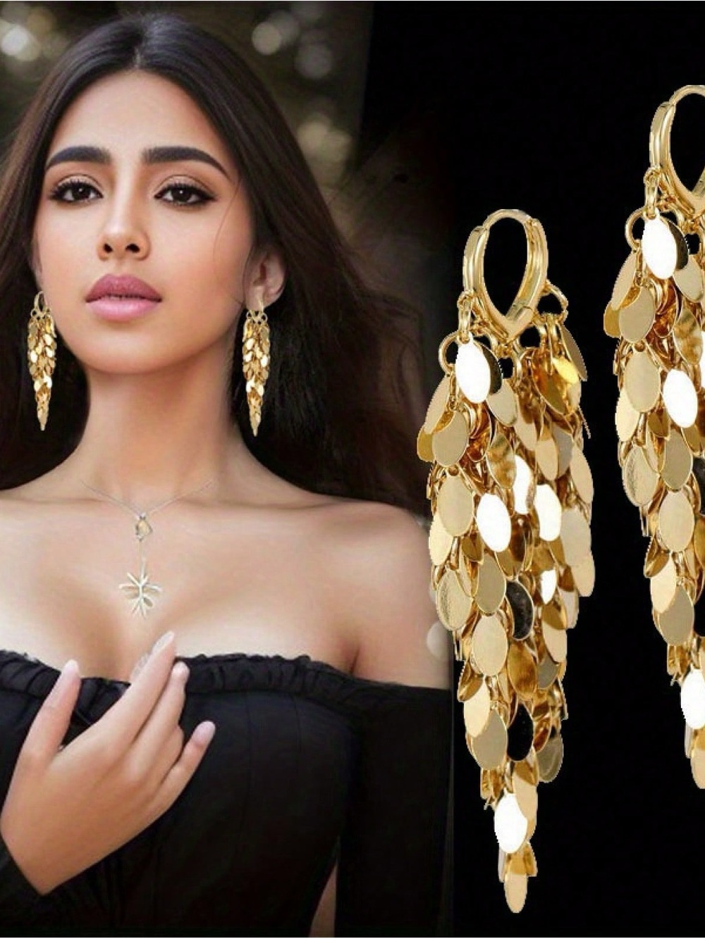 Gold Dangle Sequin Drop Earrings - Elegant Women Jewelry